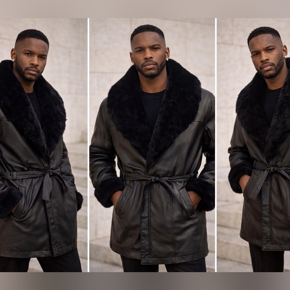 Vintage Genuine Leather Coat / Faux-Fur Shawl Collar / Hood